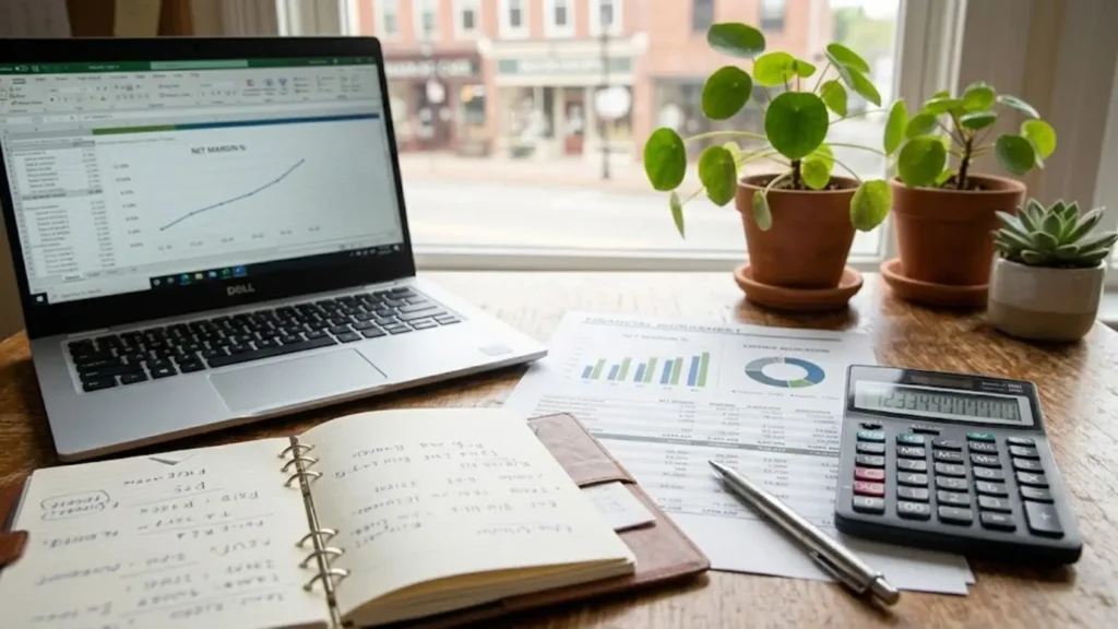 Financial worksheet and calculator used to evaluate business profit margin