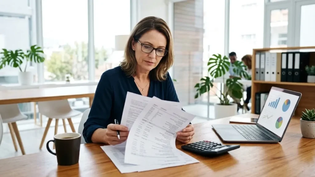 Small business owner reviewing revenue and net income on a financial report