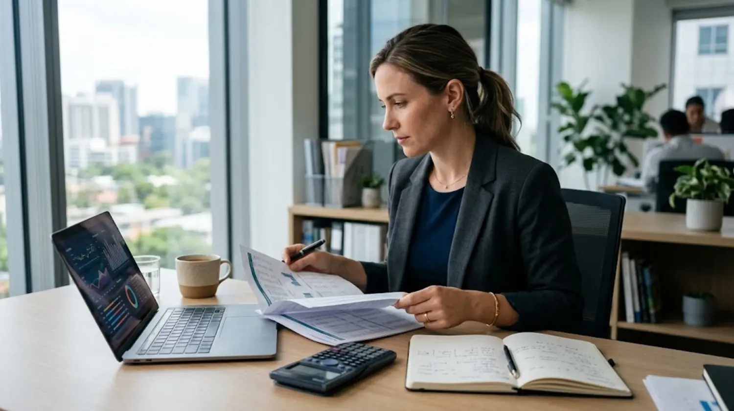 Small business owner reviewing revenue and profit figures